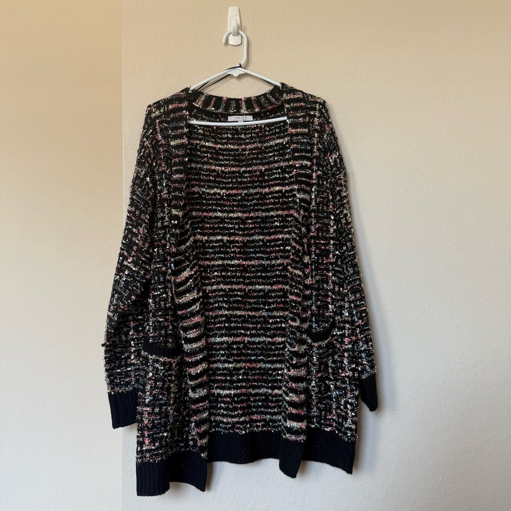 Black Cardigan with Tinsel & Multicolored Accents